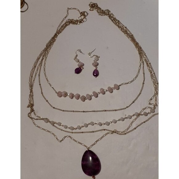 5 handmade layered necklaces with earrings amethyst, moonstone, and rose quartz. - Picture 1 of 5